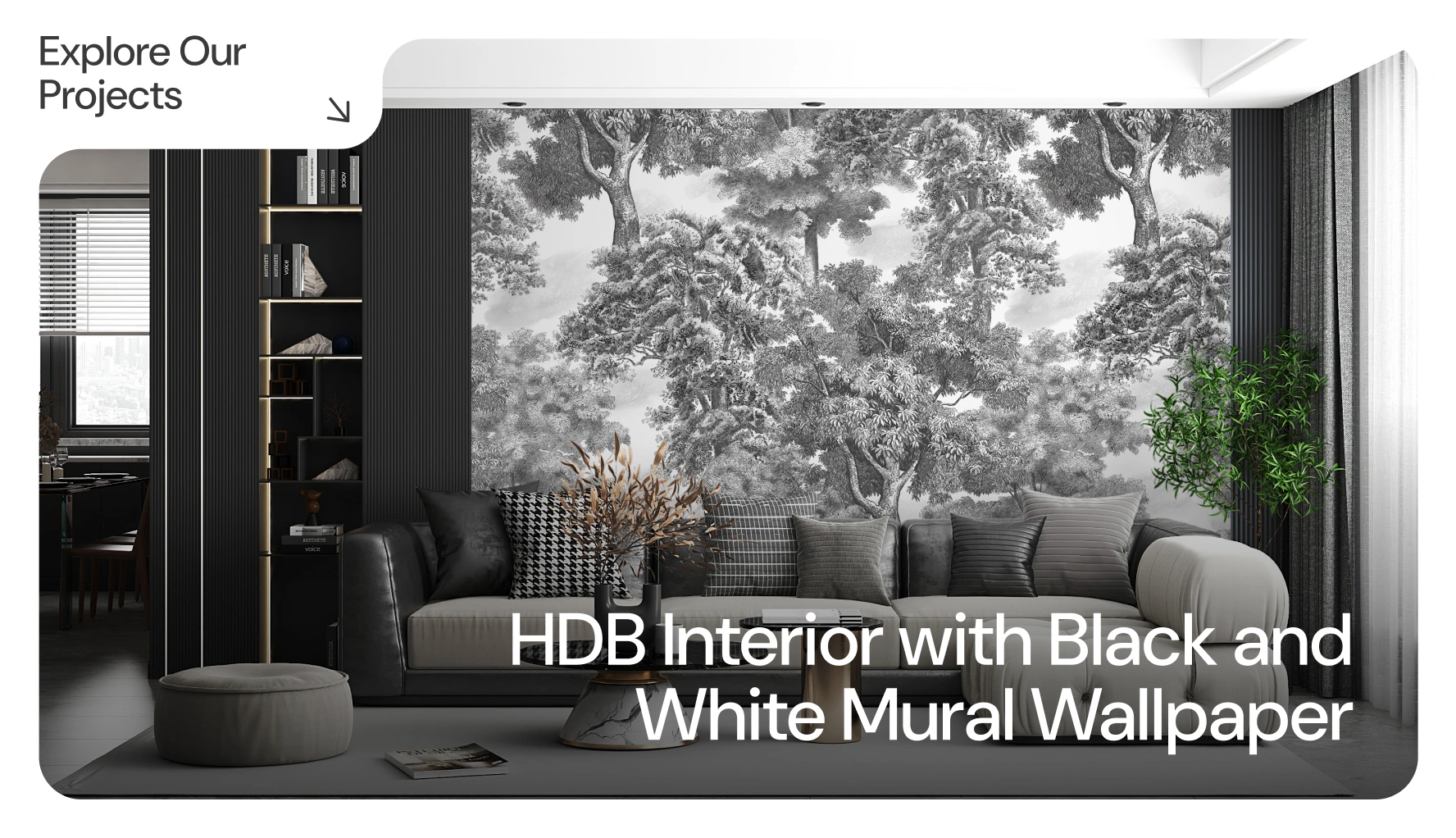 HBD Interior with Black and White Mural wallpaper